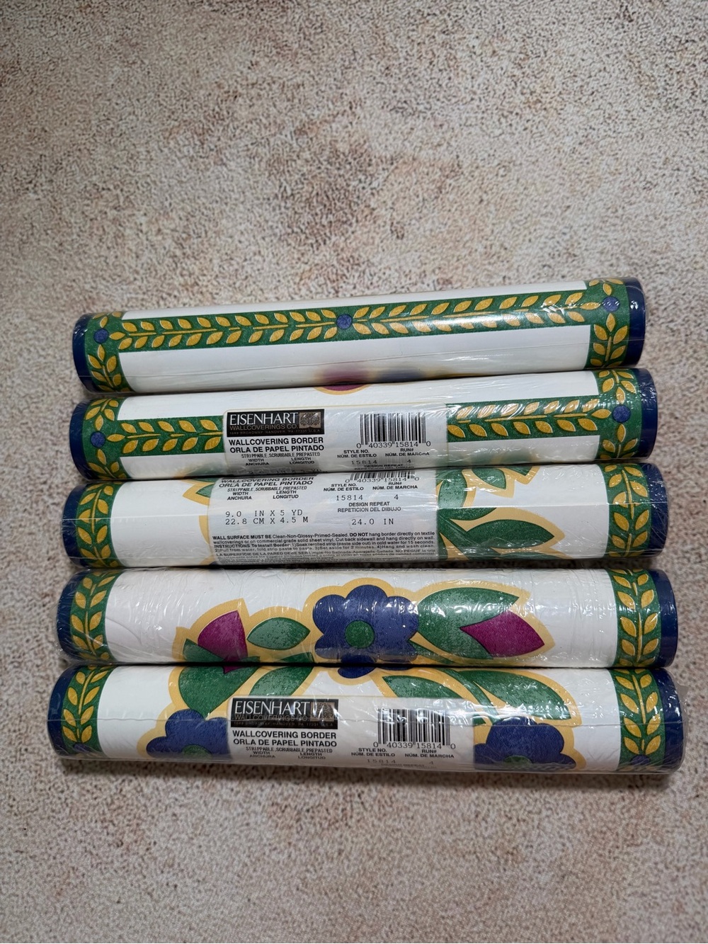 5 Vintage Floral Leaf Border Wallpaper Rolls - Green, Blue, Purple
